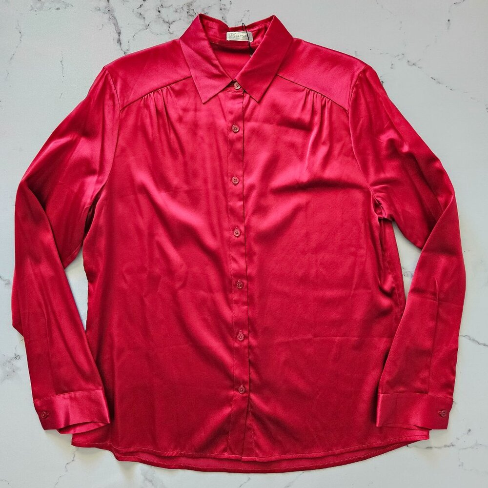 LilySilk Women's Long Sleeves Collard Silk Blous, L, Claret, NWT